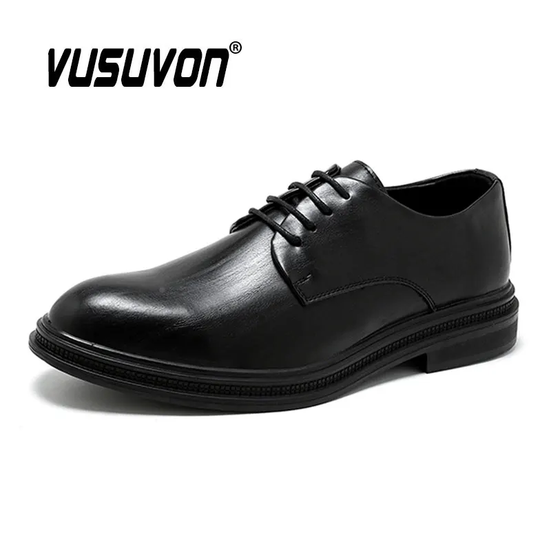 

Brogue Social Soft Split Leather Men Dress Flats Rubber Sole Luxury Brand Derby Shoes Wedding Black Loafers
