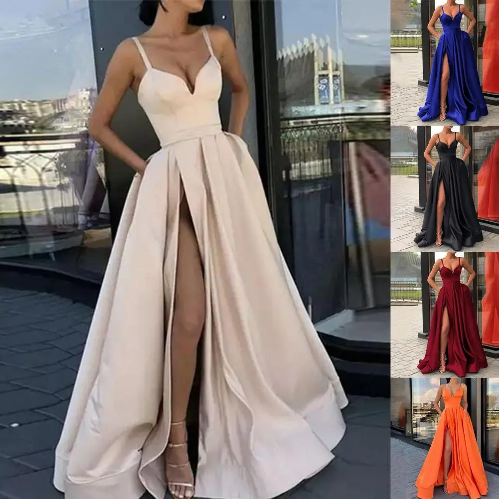 

Gorgeous Wedding Dress Satin Sleeveless Spaghetti Straps Banquet Dress Side Slit Skin-friendly Evening Dress for Model