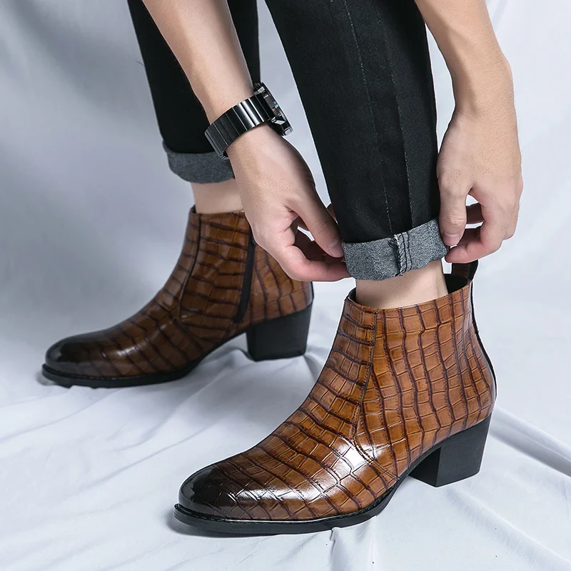 Leather High Heeled Boots Men Fashion Mens Chelsea Formal Shoes Business Casual Ankle Boot Men Dress High Heel Shoe