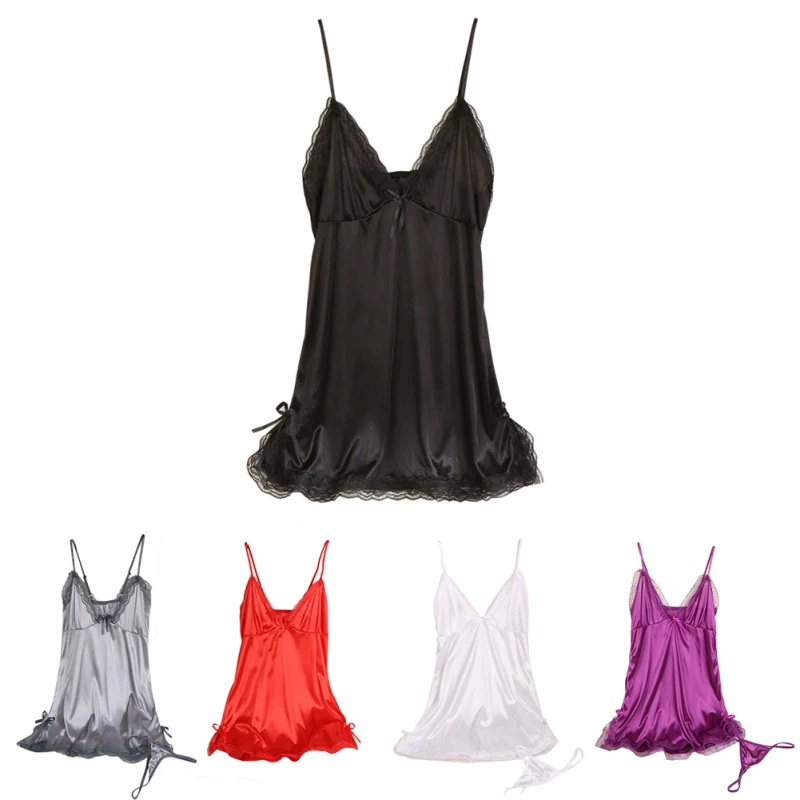 

Women's Sexy Suspenders V-neck Solid Color Nightdress Soft Silk Fabric Design With Lace Trim Sleepshirts