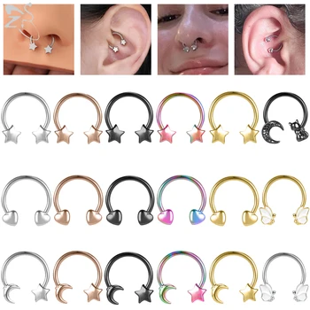 ZS 1PC 16G Star Heart Septum Ring Stainless Steel Nose Piercing Circular Barbell Cartilage Earring Tragus Helix Hoop Piercings 1
