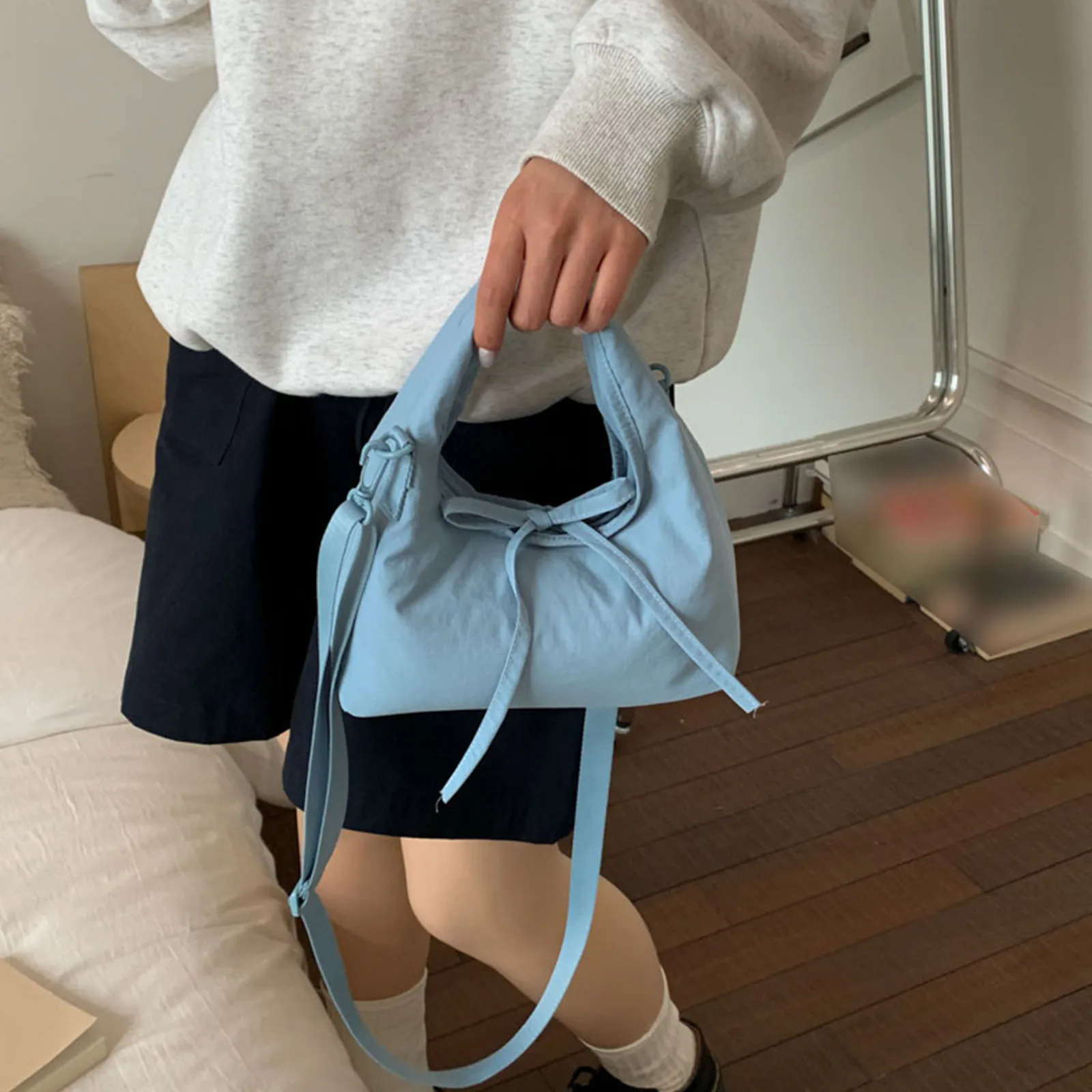 Women Nylon Bow Hobo Handbag W/ Adjustable Shoulder Strap Top Handle Bag for Travel Shopping Daily Use