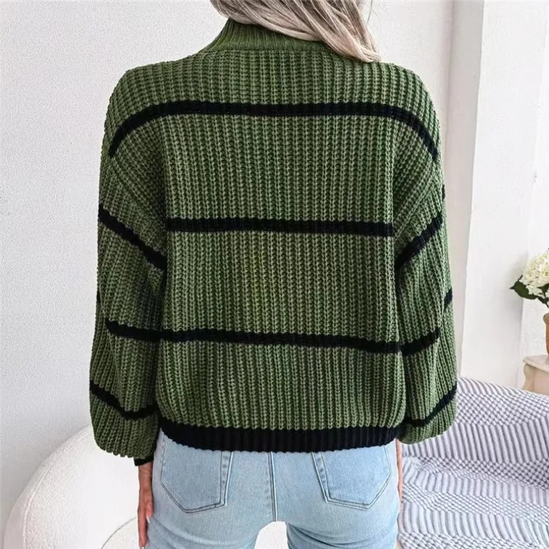 New Autumn and Winter Women's Semi-turtleneck Knitted Long-sleeved Sweater Fashion Striped Lantern Sleeve Office Casual Top