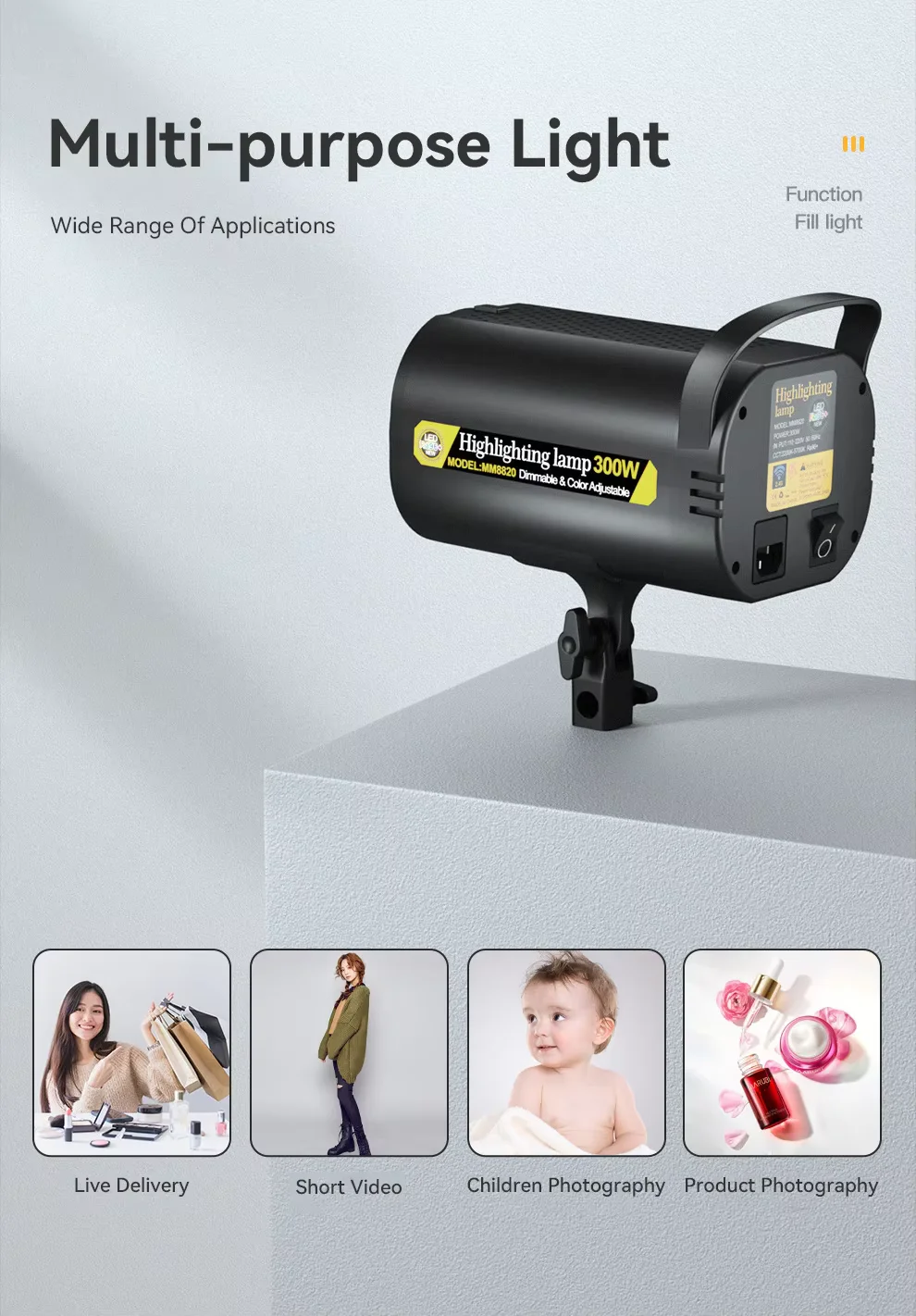 300W LED Video Light 5700K Continuous Dimmable Aluminum Photography Lamp and 2.1-meter support bracket