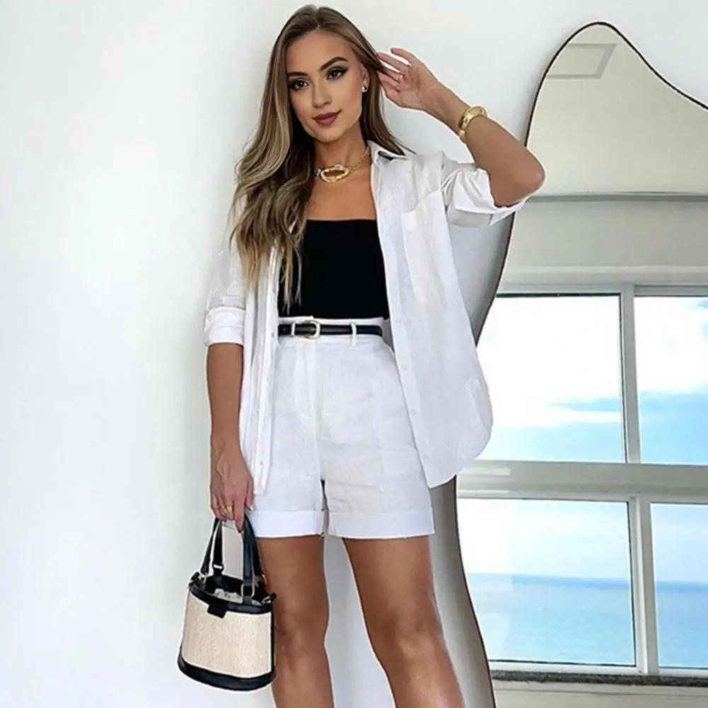 2 Pieces/set Women's Shirt Shorts Suit With Belt Solid Color Long Sleeve Lapel Shirt High Waist Loose Casual Suit