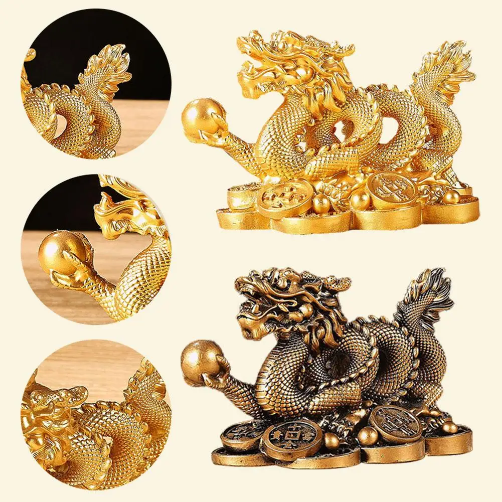 Chinese Auspicious Money Gold Dragon Statuette Resin Sculpture Feng Shui For Living Room Office Wine Cabinet  Dragon Figurines 4