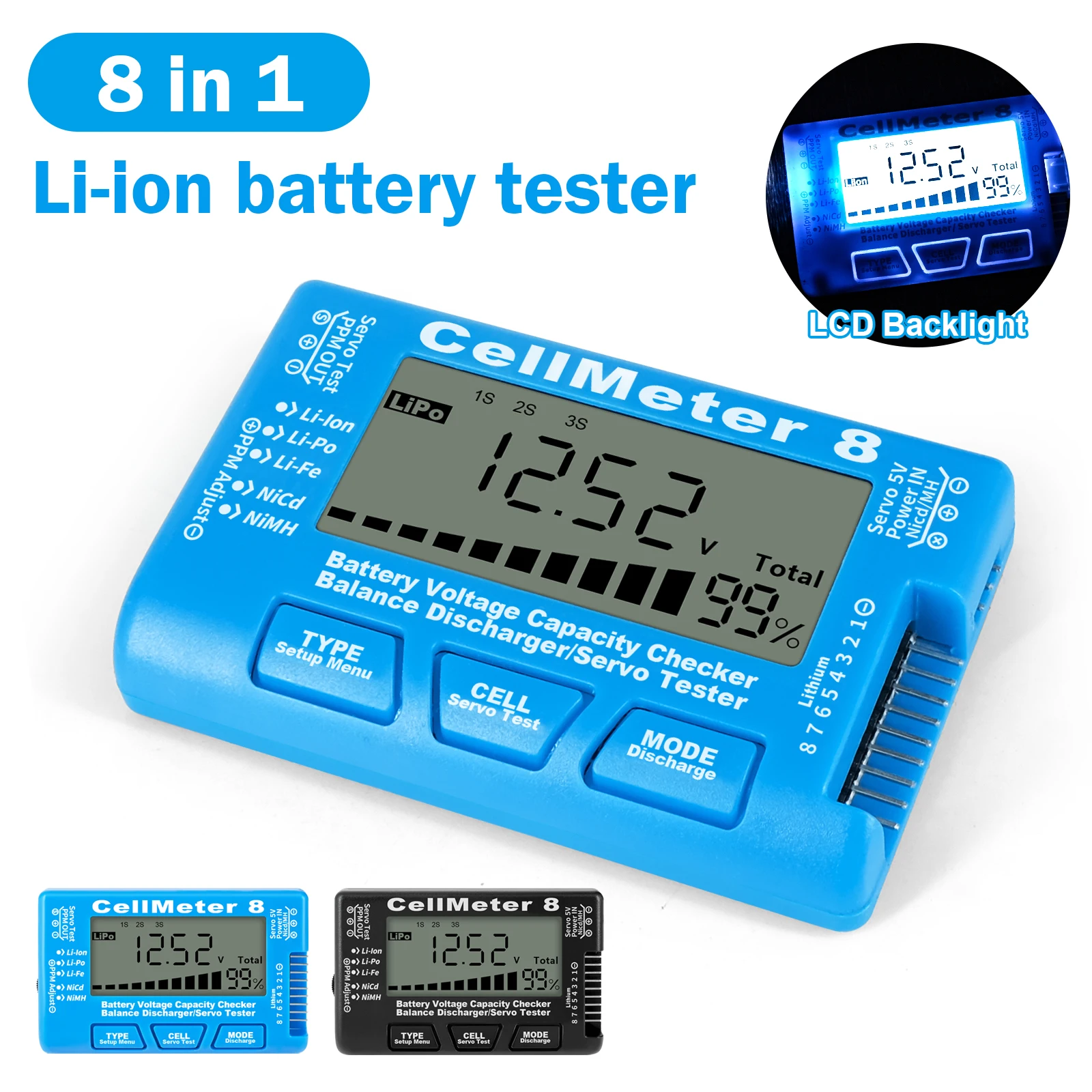 

Digital Battery Tester LiPo LiFe Li-ion NiCd NiMH Battery Voltage Check Detector CellMeter-8 Capacitance Diagnostic Tool