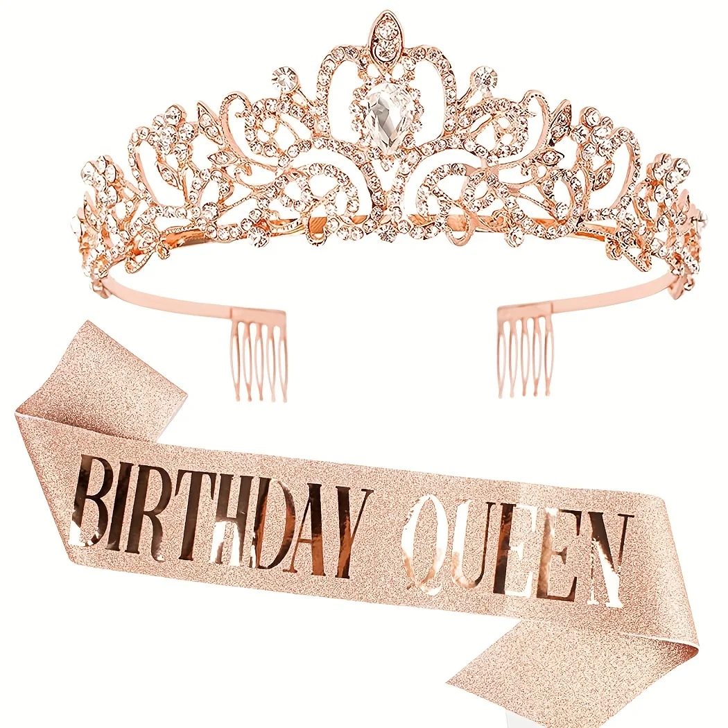 Birthday Crown Bling Rhinestone Crystal Tiara Sash Women Party Decoration Kit