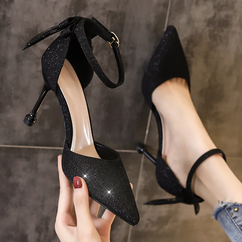 

High heeled shoes women's new spring and autumn season pointed bow with a line buckle thin heel sexy dress dress single shoes
