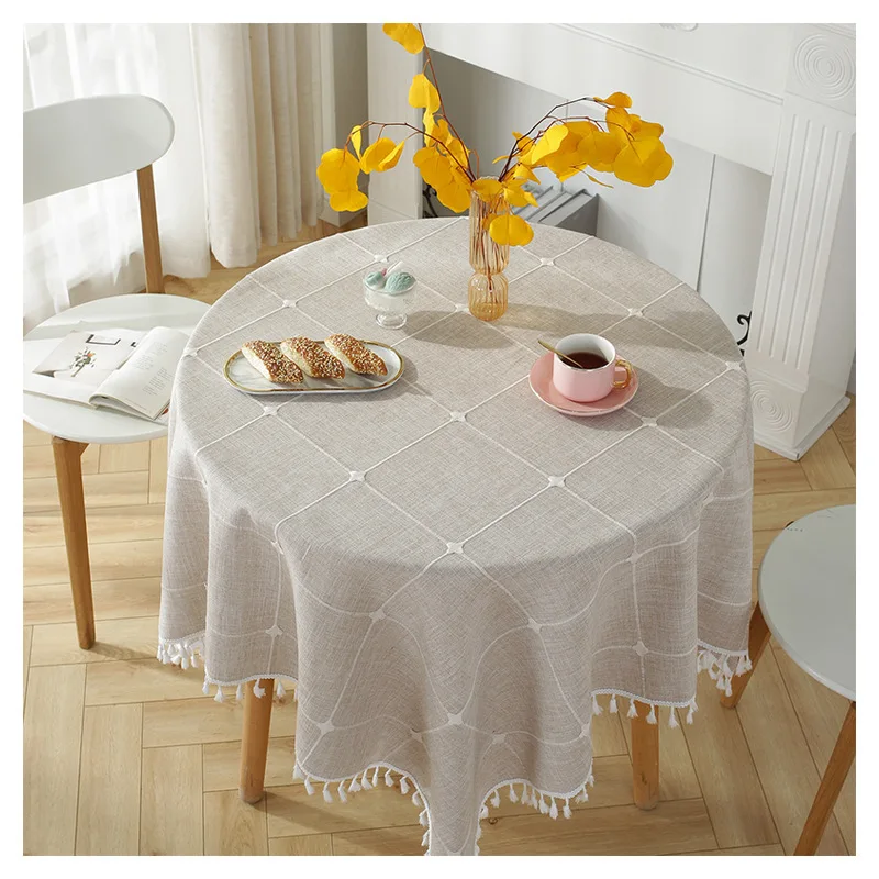 

Plaid Round Square Cotton Linen Tablecloth OilProof DustProof Waterproof Table Cloth Decorative Table Cover With tassels