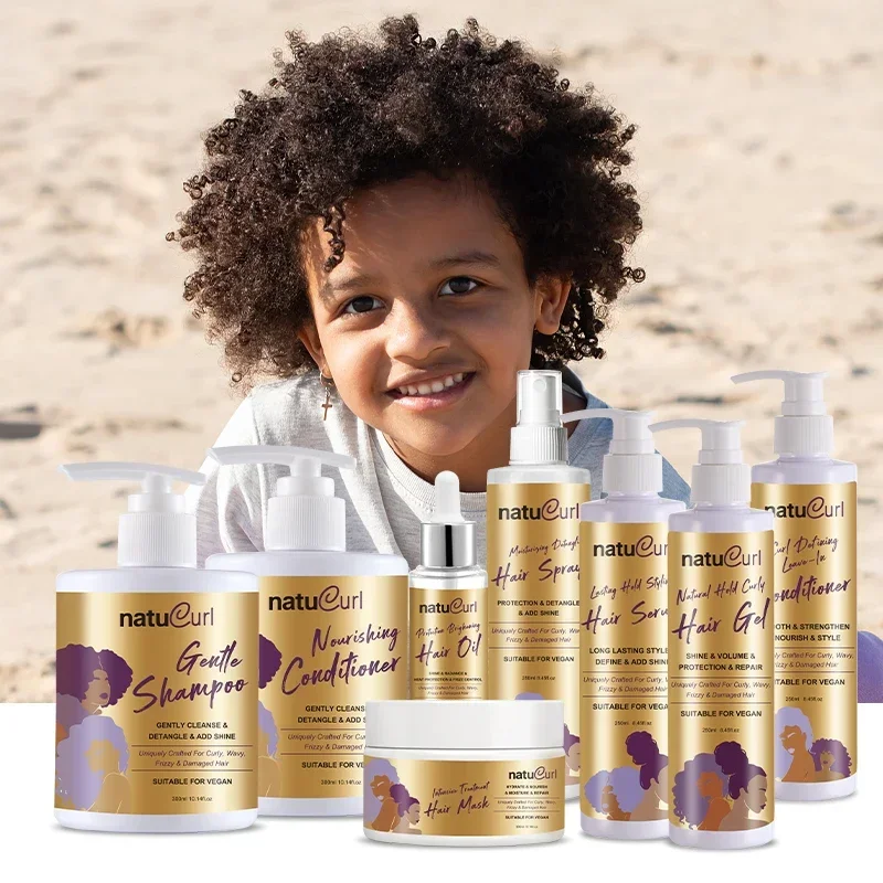 

Private Label Organic Hair Treatment Curl Hair Care Products Leave in Hair Spray Kids Curly Shampoo and Conditioner Sets