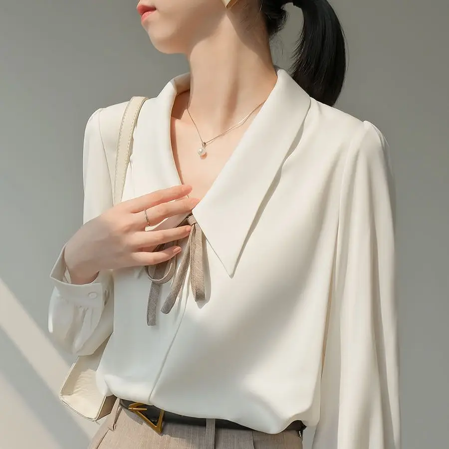 Korea Lantern Sleeve Temperament Korean Turn-Down Collar Bow Women'S Shirt Breasted Women Clothes