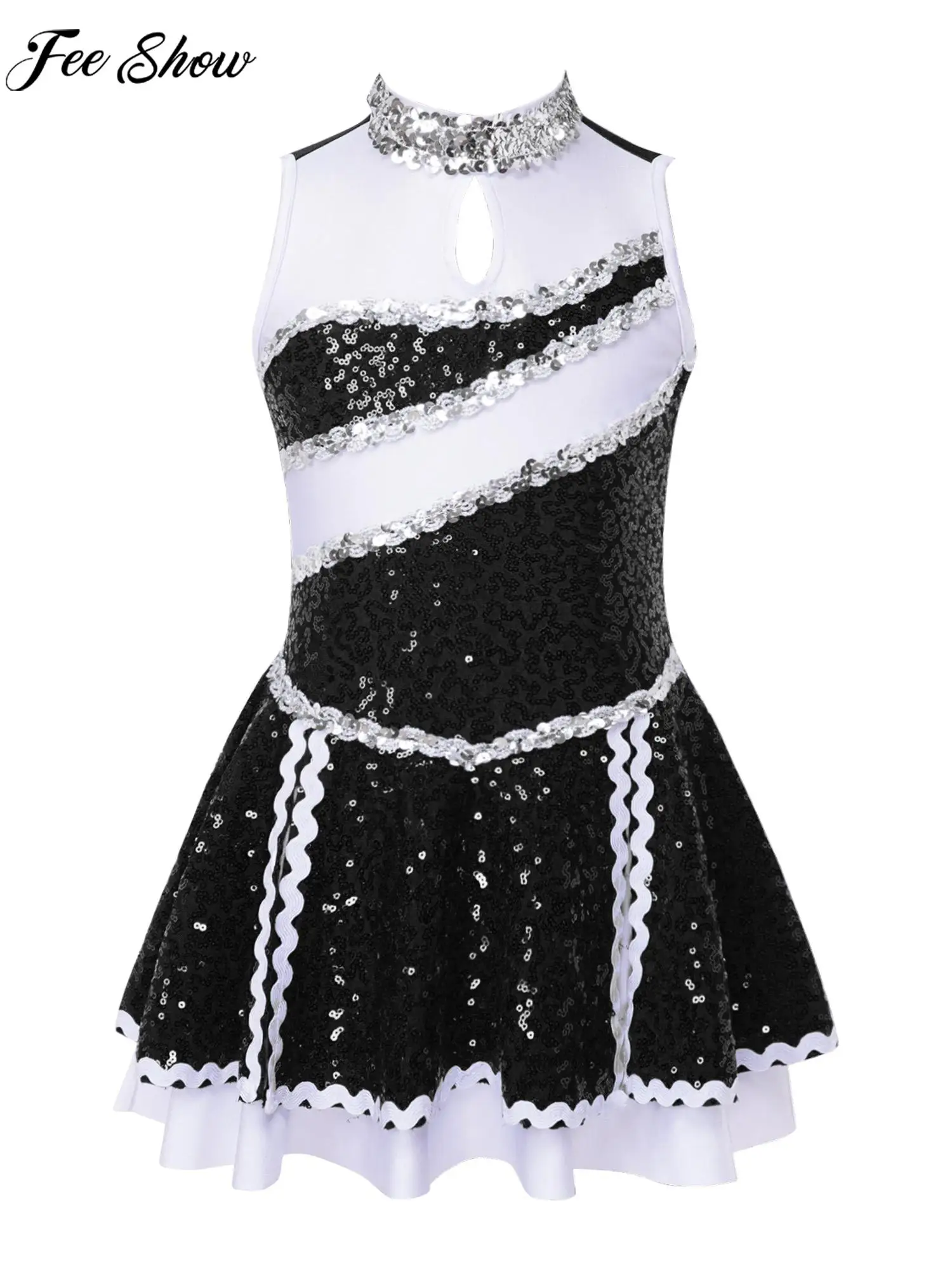 

Girls Cheerleading Costume Jazz Dance Gymnastic Leotard Dress Sleeveless Shiny Sequin Dancewear for Schoolgirl Stage Performance