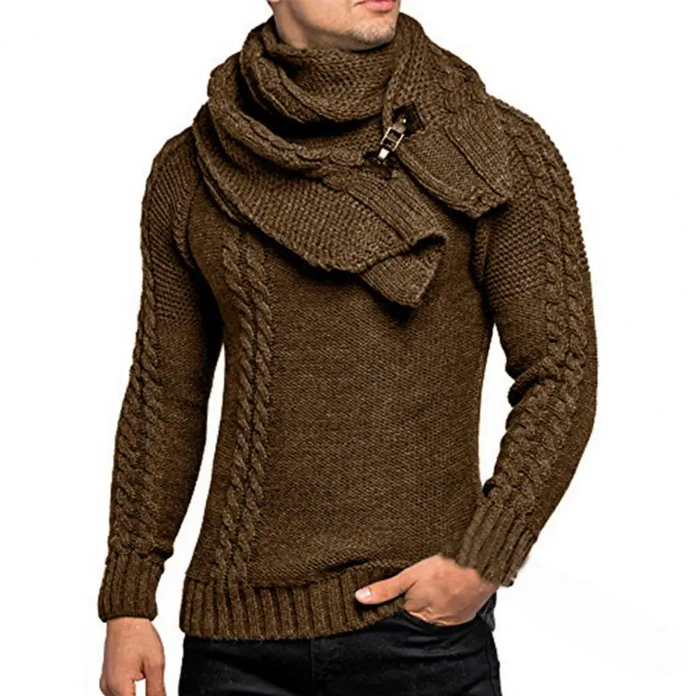 2Pcs/Set O-Neck Long Sleeve Twist Ribbed Cuffs Men Sweater Scarf Autumn Winter Solid Color Thickened Warm Sweater Jumper Scarf