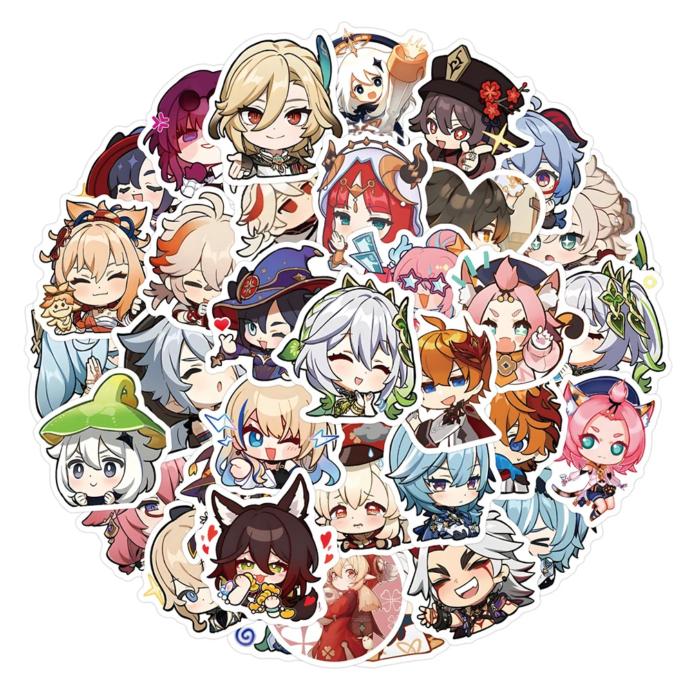 10/30/60pcs Cute Cartoon Genshin Impact Anime Stickers Game Decals Laptop Motorcycle Phone Car Decoration Sticker for Kids Toys game genshin tinplate brooch pins anime badge cosplay yae miko xiao zhongli accessories for clothes backpack decoration gift