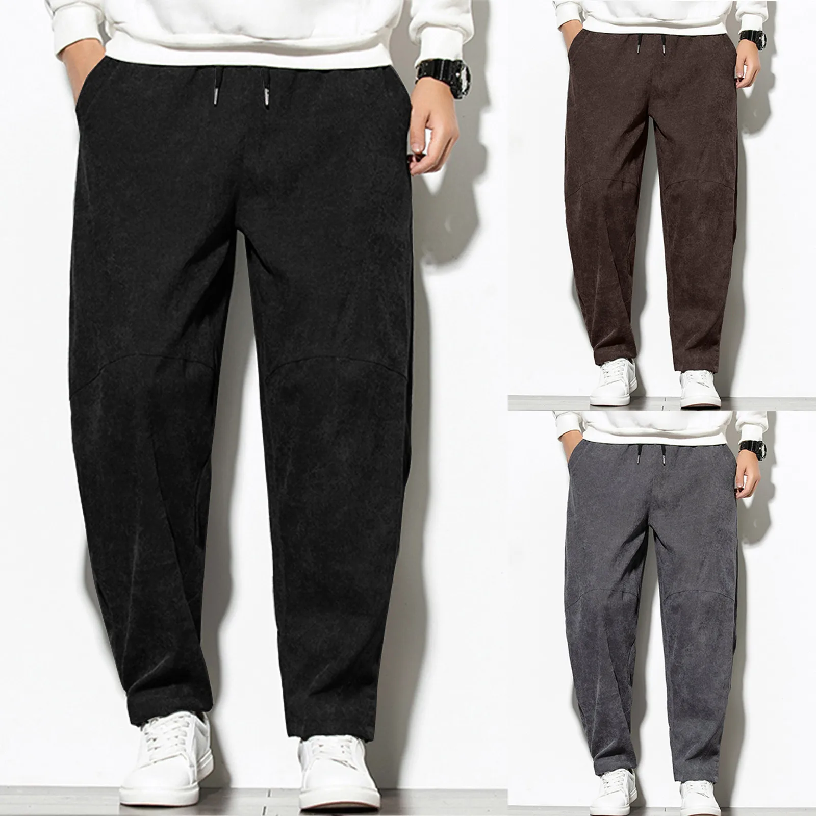 

Large Size Lace Corduroy Pants Men Fashion Casual Solid Color Trousers Jogging Running Sport Pants With Pockets Fitness Yoga