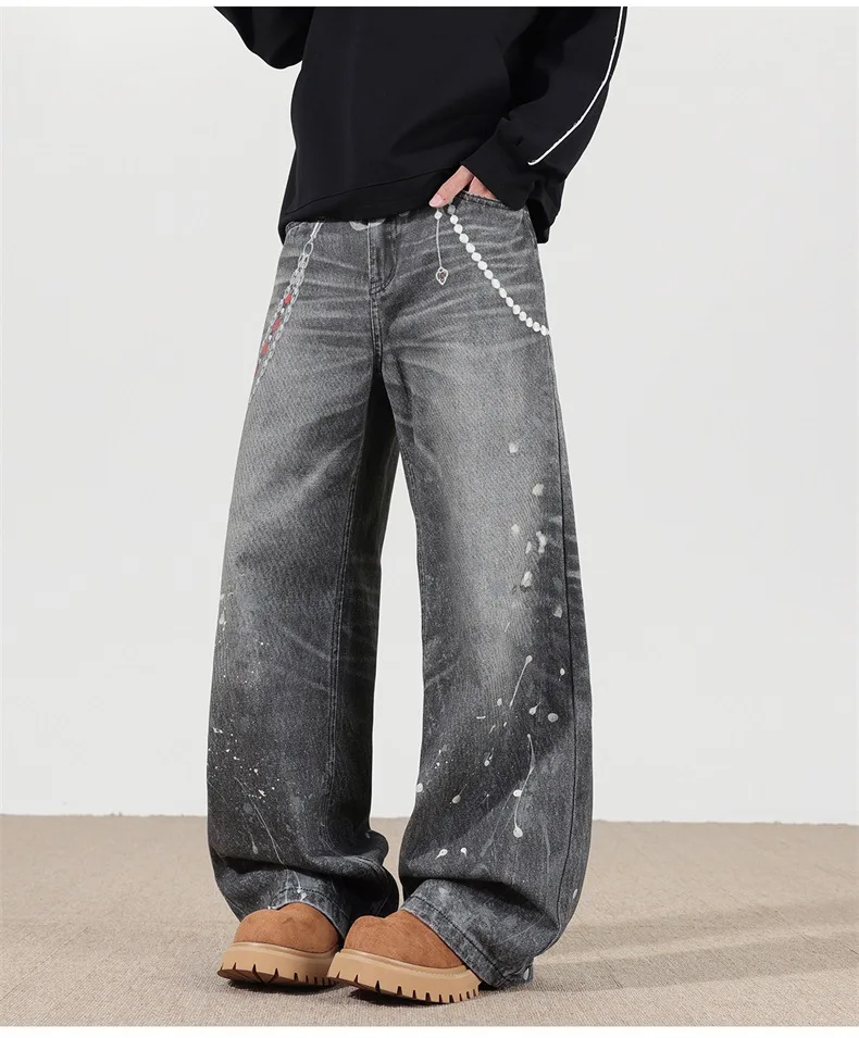 2025 männlichen Herbst Neue Amerikanische Schwere Industrie 3D Gedruckt Retro Stil Schwarz Grau Jeans männer Breite Bein Hosen Casual hosen Herren – Detail 6