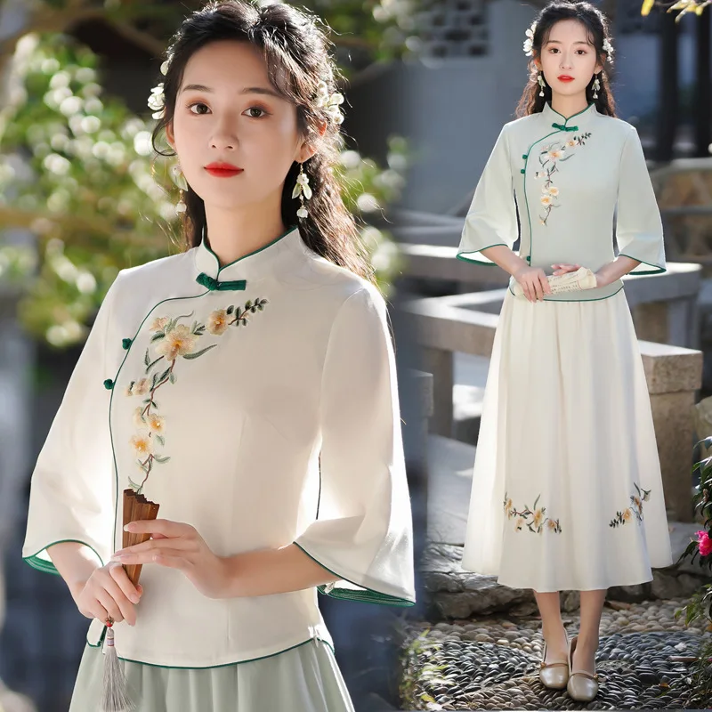Fashion Women's Plus Size Hanfu Tops Spring Cotton Blend Embroidery Chinese Style Retro Qipao Girls