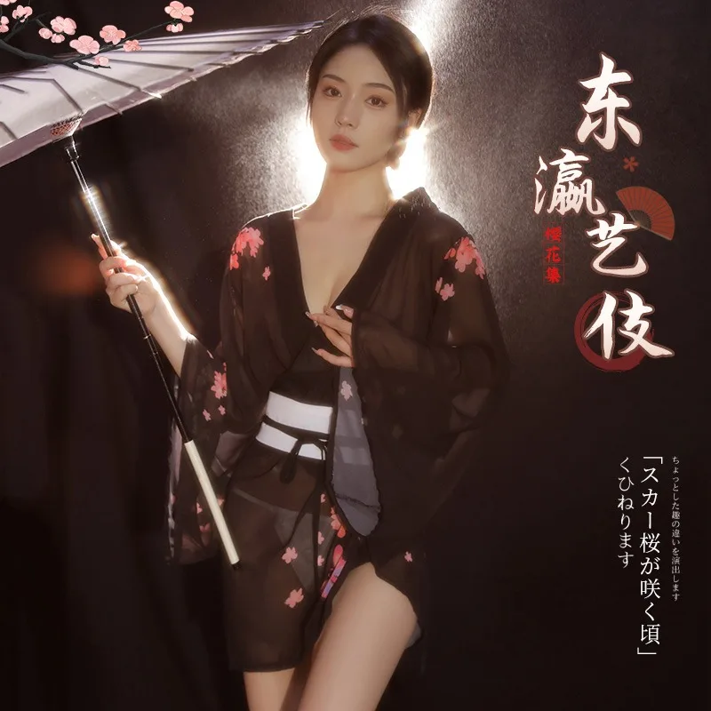 Vintage cherry blossom suit uniform robe sexy hollow pajamas sexy revealing women's wear