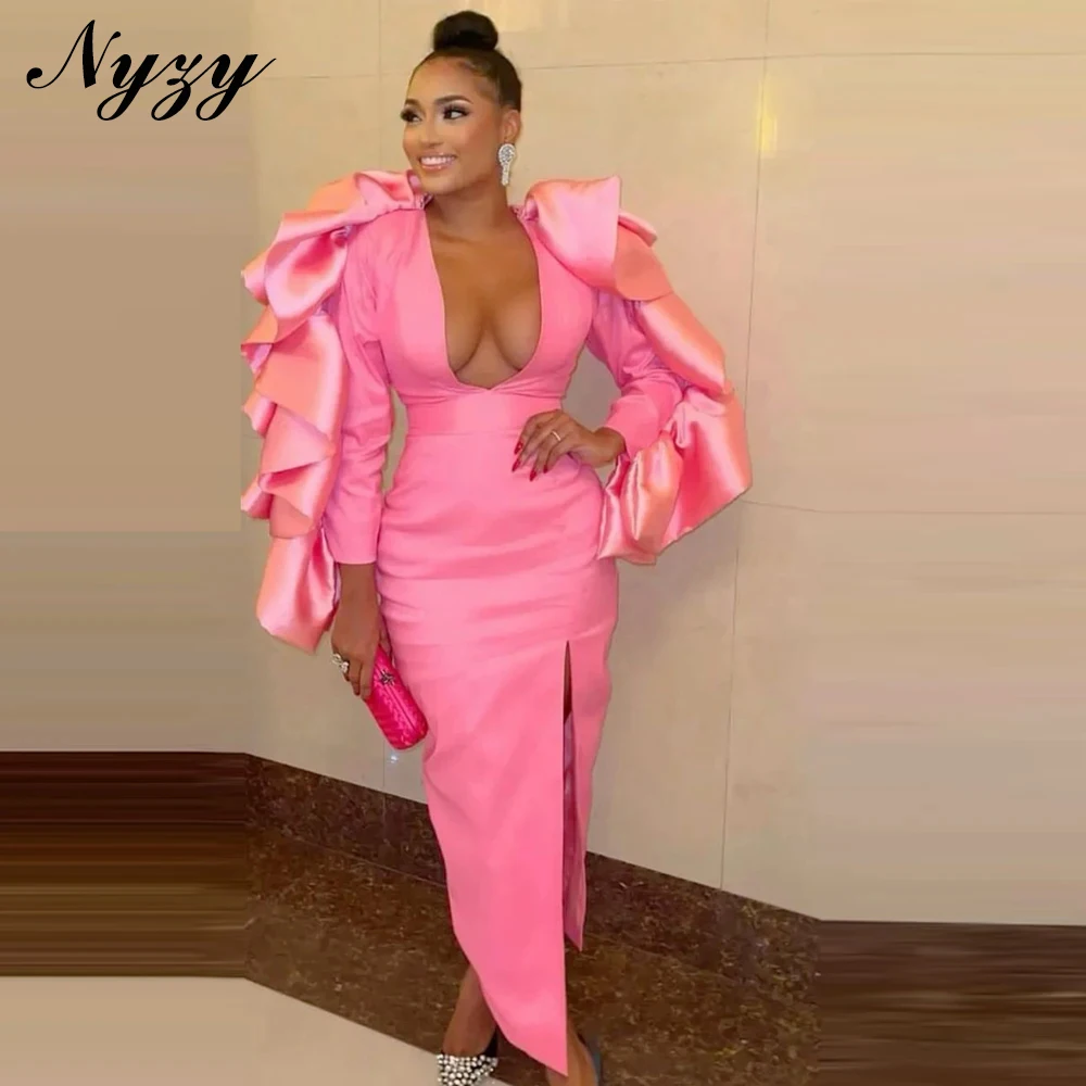 NYZY E525 Ankle-length Satin Deep V-neck Sexy Cocktail Dresses Pink Date Birthday Evening Party Gowns Customized