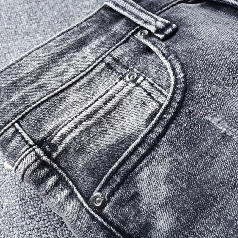 Fashion Designer Men Jeans High Quality Retro Gray Stretch Slim Fit Ripped Jeans Men Vintage Trousers Casual Denim Pants Hombre