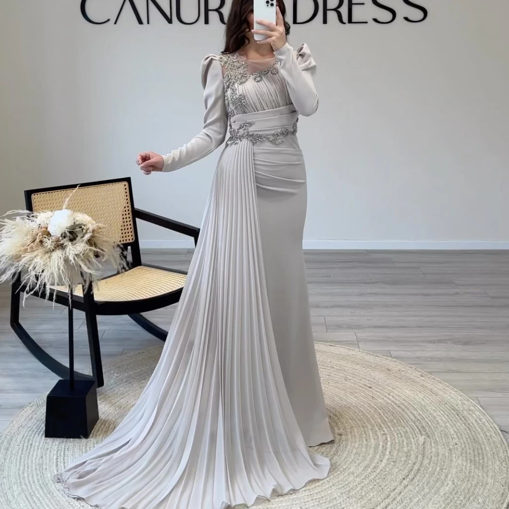 

Qcenkern O-Neck Long Sleeves Evening Formal Saudi Arabia Chiffon Sequined Party Dresses Gowns Women Robes de Soirée 2023