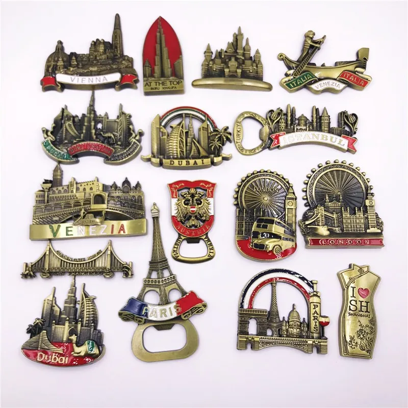 

3D Metal Fridge Stickers Vienna America Dubai Country Fridge Magnets Retro Bottle Opener Magnetic Refrigerator Decorative Gift