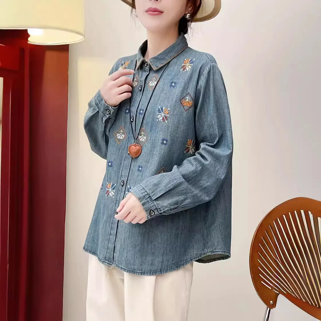 New Summer Embroidered Washed Denim Shirt Woman Lapel Long
