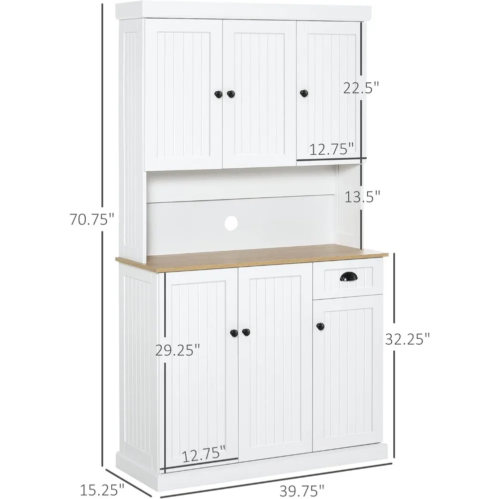 71" Buffet with Hutch, Modern Farmhouse Kitchen Pantry Storage Cabinet with Microwave Oven Countertop, Drawer
