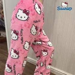 2023 Sanrio Hello Kitty Pajamas Halloween Flannel Fashion Trouserswomen Kawaii Woolen Anime Cartoon Casual Home Pant AutumnGift
