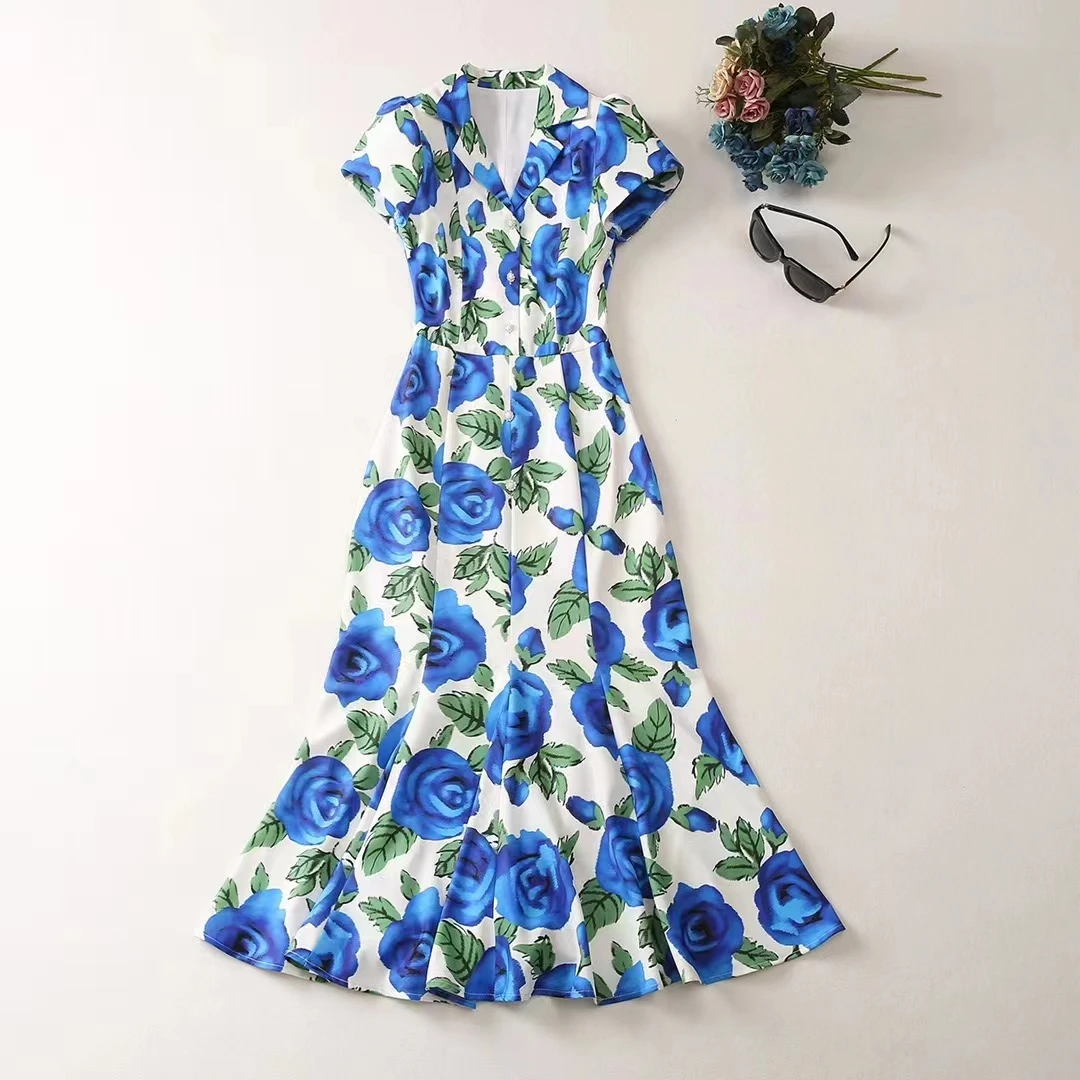 

European and American women's clothes 2023 spring new Short-sleeved suit collar Blue flower print fashion Fishtail Dress XXL
