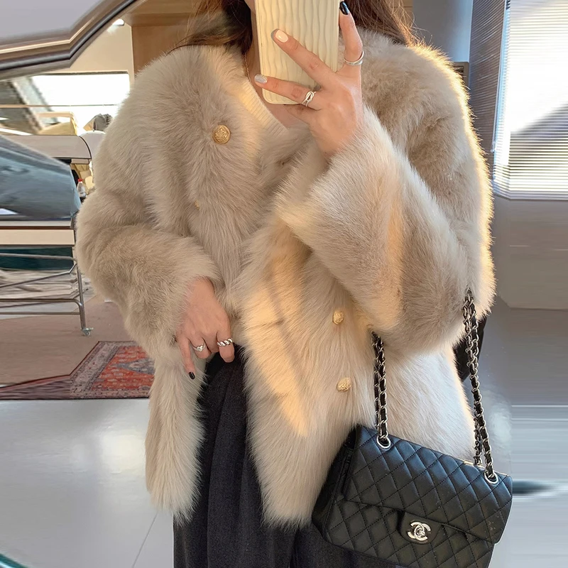 Imitation Fox Fur Coat Women Korean Autumn Winter Round Neck Outwear All-Match Thick Double Breasted Overcoat Plush Chaquetas