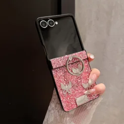 Luxury Glitter 3D Butterfly Ring Case - Shockproof Back Phone Cover - Galaxy Z Flip5 (Rose Red)