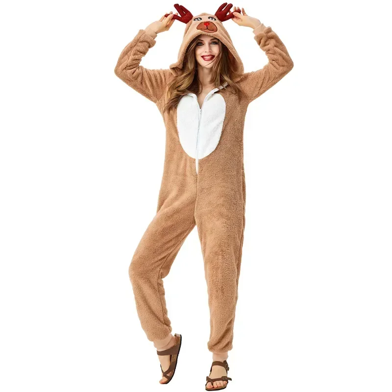 Unisex Adult Christmas Reindeer Costume Girl Women Hooded Cozy Fawn Deer Costume Cosplay Onesie Cartoon Pajamas