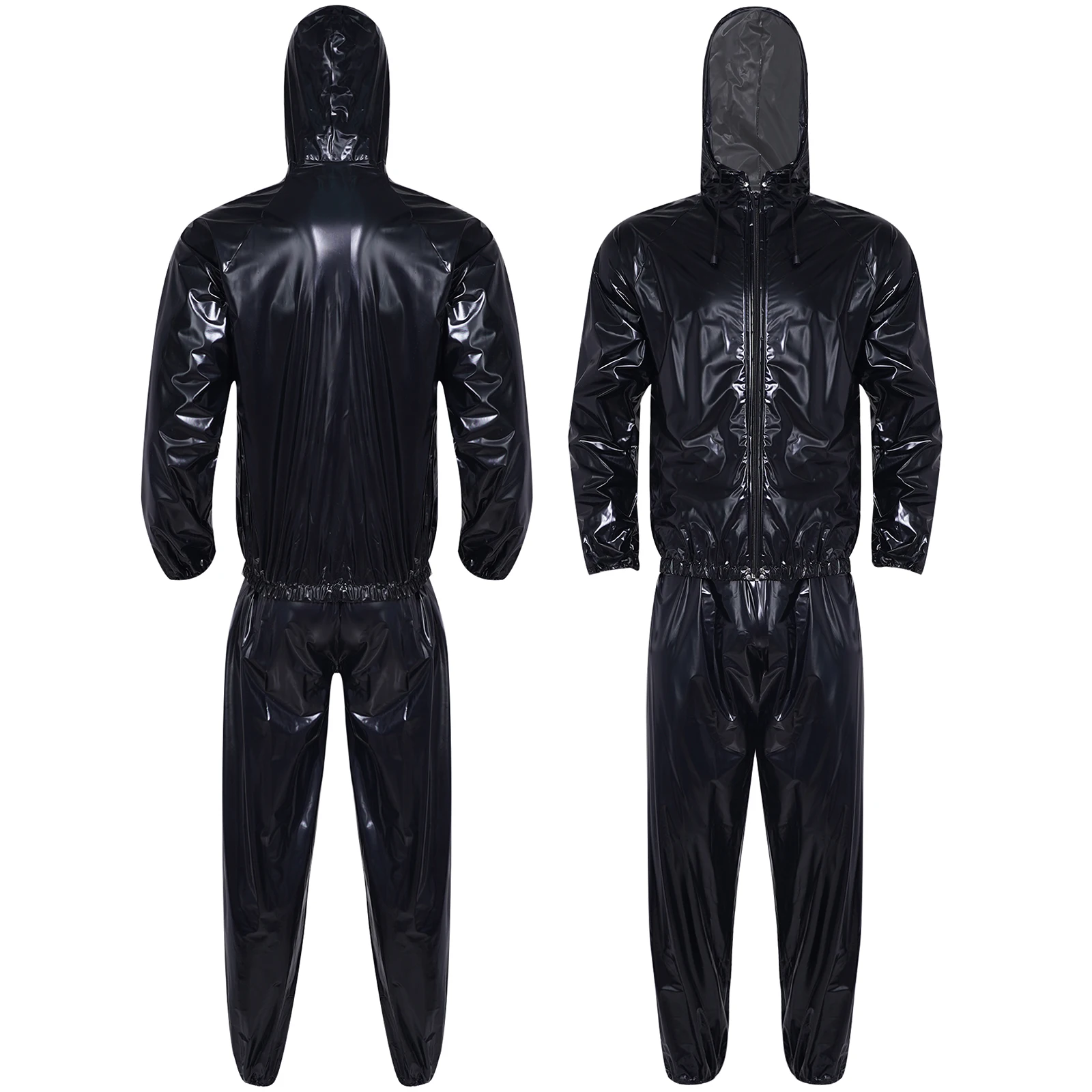 PVC Sauna Suit Cycling Exercise Gym Workout Yoga Clothes Long Sleeve Drawstring Hooded Jacket with Pants for Unisex Mens Womens