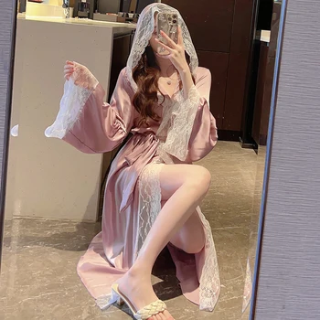 2025 Summer Long Sleeve Silk Satin Hooded Kimono Robes for Women Cute Lace Bride Robe Bathrobes Sleepwear Homewear Night Dress