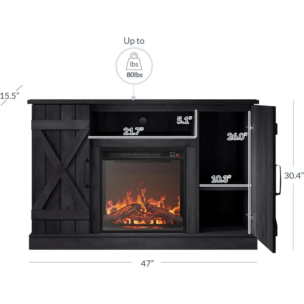 47" TV Stand with 18" Electric Fireplace Heater & Media Entertainment Center Console Table for TV up to 50" with Open St 2