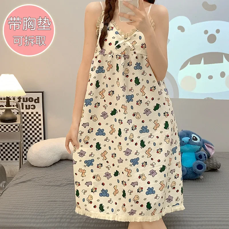 5XL Plus Size Summer Sweet Sleepwear Women Sleeveless Sleep Dress with Cheat Pad Cartoon Nightgown Teenage Student Loose Pajamas