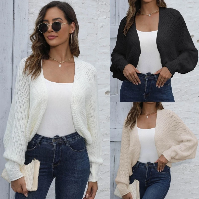 

Women Open Front Crop Sweater Cardigan Knitted Solid Color Batwing Sleeve Shrug