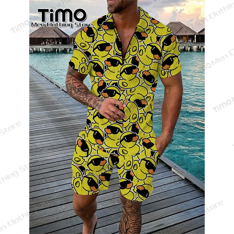 Summer Men Tracksuit Little Yellow Duck 3D Printing Short Sleeve Zip Polo Shirt Shorts 2 Piece Set Fashion Beach Street Men Set