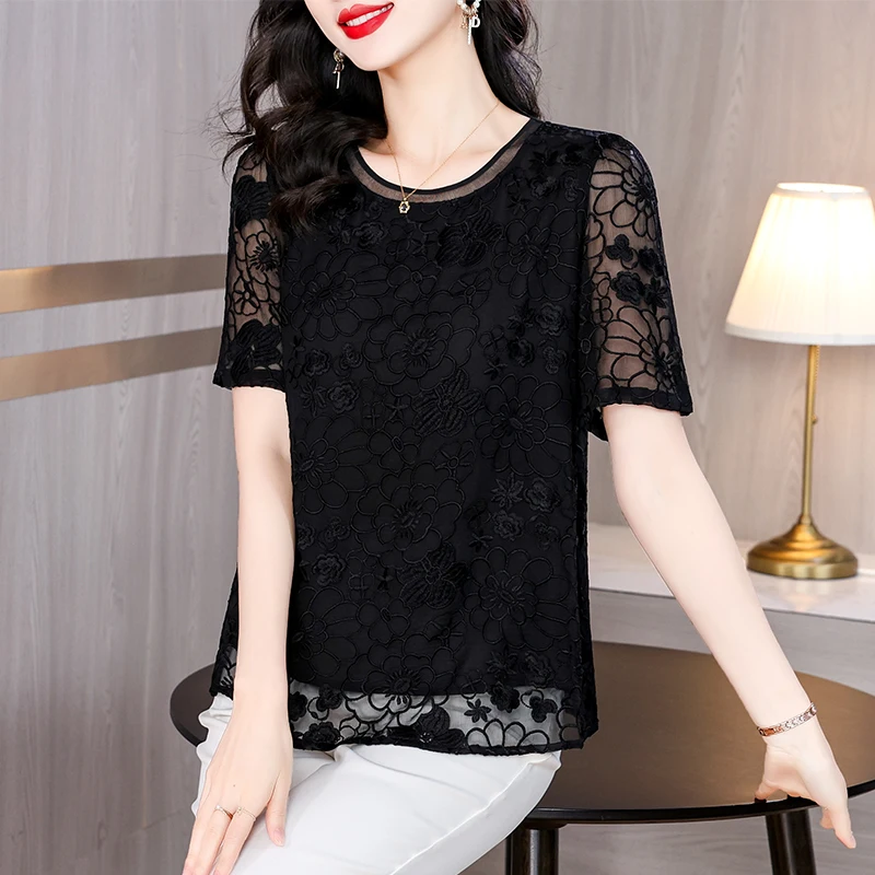 

Новинка весна-лето 2024 Модная шелковая футболка с вышивкой для мам топ с коротким рукавом женская черная футболка с вышивкой маленькая рубашка