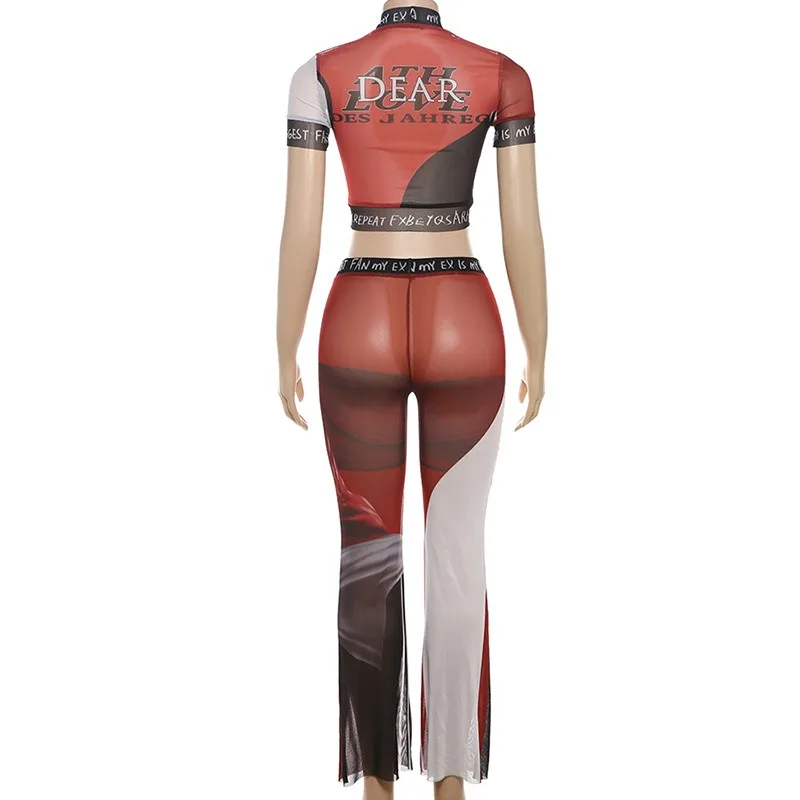 2024 Summer Mesh See Through 3D Printed 2 Piece Set Women O Neck Short Sleeve Crop Tops Contrast Colors Pants Casual Streetwear
