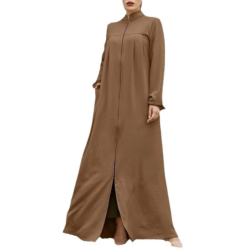 2024 New Muslim Women's Wear Middle East Arabic Style Stand Collar Zipper Cardigan Pocket Loose Temperament Dress abaya femme