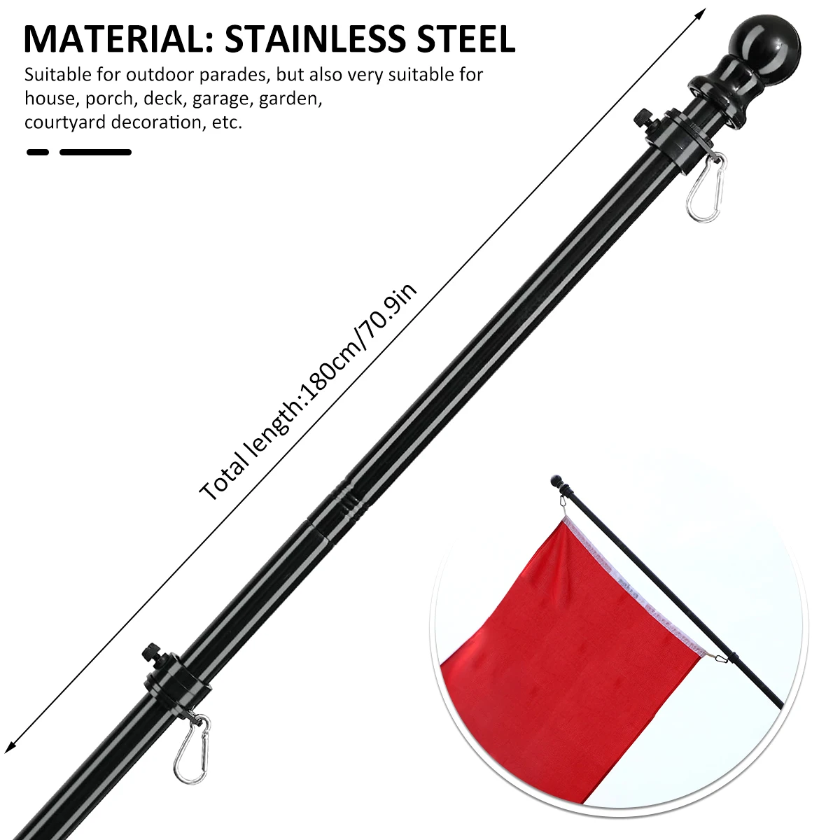 1.8M Telescopic Flag Pole Tangle-free 360 Rotating Rings Stainless Steel Guide Banner Flag Pole for Outside Wall Mount