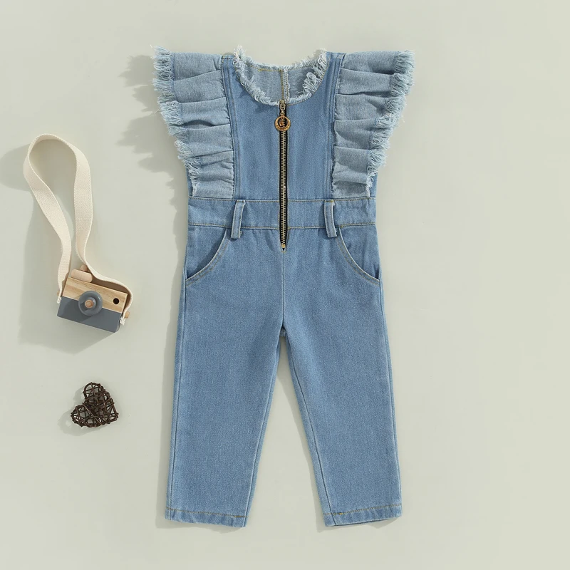 20230220 Lioraitiin 06Years Toddler Kids Girls Denim Jumpsuits Patchwork Fly Sleeve ZipperUp