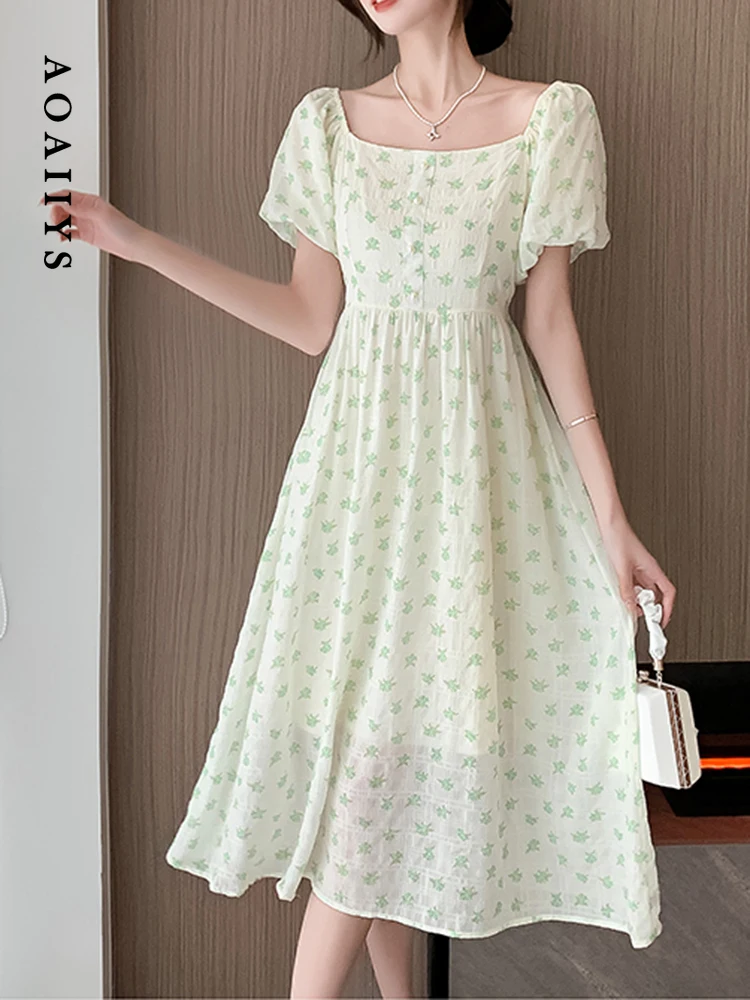 

Aoaiiys Green Floral Dress for Women Dresses with Lined Square Collar Ruffled Long Dress Fashion Short Sleeve Sweet Summer Dress