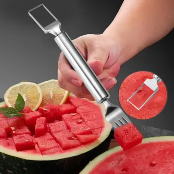 Tagliafrutta 2 in 1 in acciaio inossidabile, affettatrice per forchetta per anguria a doppia testa per gadget da cucina domestici Taglierina per cubetti di melone 1