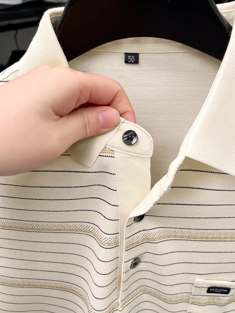 High quality stripe men short sleeve polo shirt light luxury pocket comfort breathable summer silky cotton casual lapel T-shirt 26 S93b1ab15ebb741a9a06d7a79260860bbe