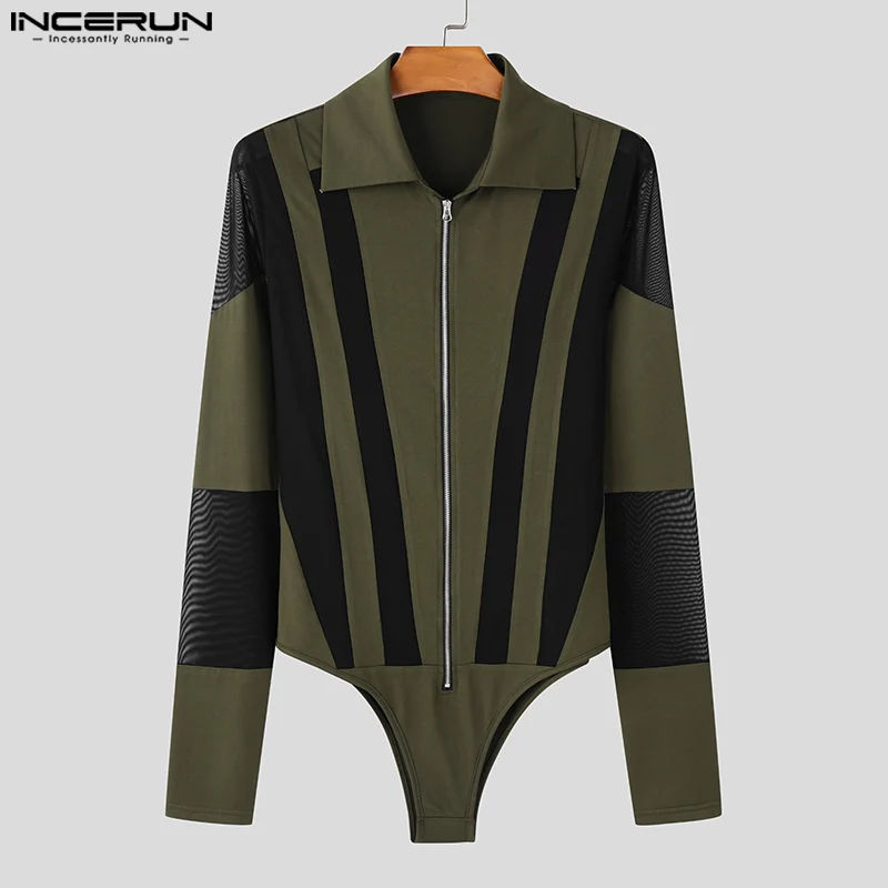 INCERUN American Style Bodysuits New Men Stylish Sexy Jumpsuit Male Leisure Loungewear Spliced Zipper Long Sleeved Rompers