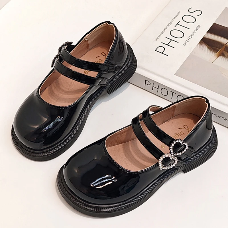Fashion Double Buckle Mary Jane Shoes for Kids Round Toe Crystal Buckle Flats Shoes Girls Pu Leather Low Heel Single Shoes 21-36